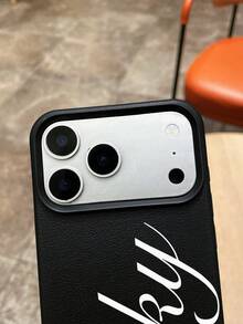 Lucky Letter Print Phone Case, Black Faux Leather Texture Shockproof Case, Scratch-Resistant Anti-Slip Protective Phone Cover, Minimalist Aesthetic Design, Fashionable Phone Case, Everyday Use Phone Case, Compatible With IPhone & Galaxy - Black - View 8