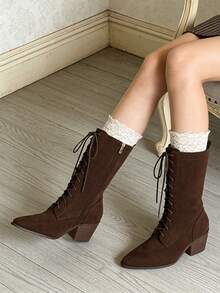 Women's Retro Pointed Toe Boots Suede Block Chunky Heels Side Zipper Lace-Up Casual Party Dress Fall Vintage Mid Calf Boots Woman - Da lộn màu nâu - Xem 8