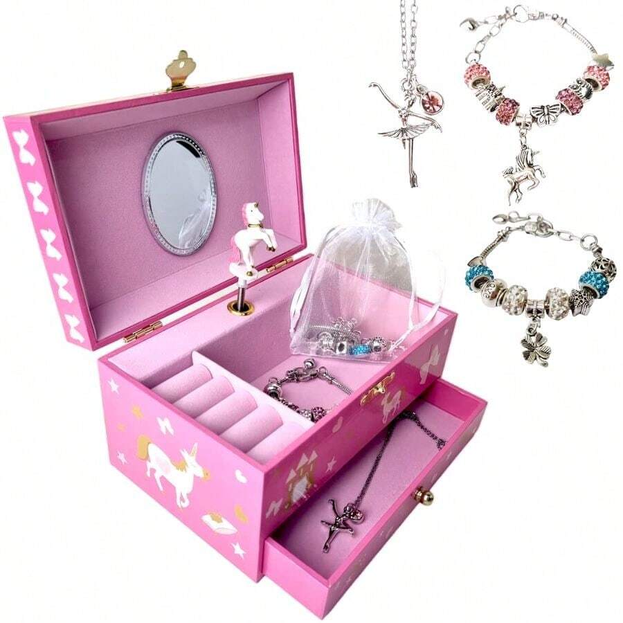 Jewelry Box With Necklace Pendant And Charm Bracelet Set Jewellery Musical Box Music Box Ballerina Pink Unicorn Box Unicorn - PinkUnicornBoxUnicor - View 1