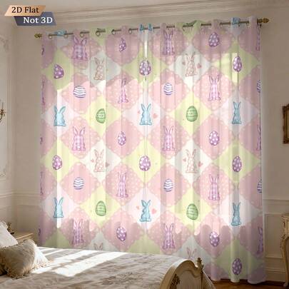 2pcs Easter Cute Rabbit Digital Print Blackout Curtains, Made Of Polyester, Suitable For Window Decor, All Season