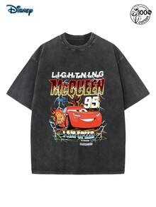 Disney Authorized Lightning McQueen Cartoon T-Shirt, Men's Casual And Fashionable T-Shirt, Cartoon Disney Printed Retro Washed T-Shirt (230G Pure Cotton T-Shirt), Comfortable, Disney Cars Shirt, Pixar Lightning McQueen Shirt, Cars Land Shirt Disney Trip Shirt, A Gift For A Friend - Black - View 3