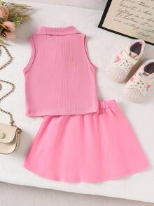 Bộ 2 món dễ thương cho bé gái: áo polo không tay và chân váy xếp ly, thích hợp cho mùa hè. - Hồng - Xem 2