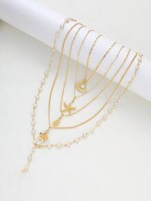 5件套时尚简约优雅仿珍珠海星花朵贝壳吊坠Y型项链套装，适合女性度假、派对、节日、生日、日常佩戴 - 金黃色 - 查看 5