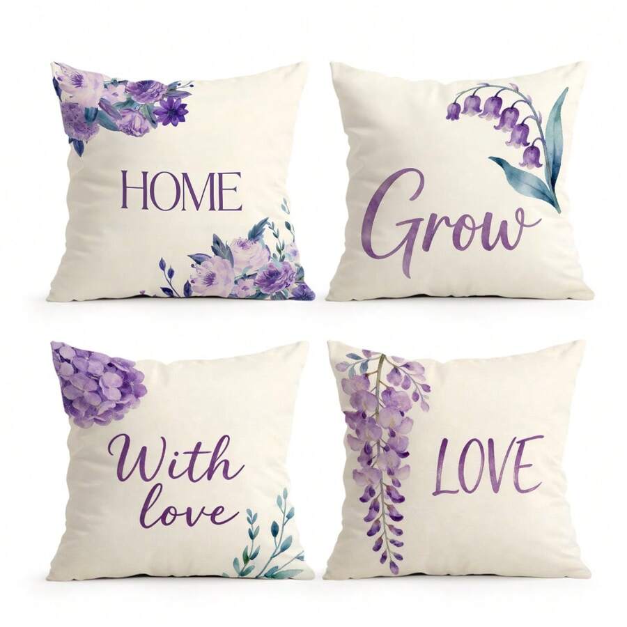 4pcs Minimalist Purple Floral & Text Pattern Pillow Covers, Single-Sided Printed Cushion Covers, Suitable For Living Room, Bedroom, Home Decor, All Seasons