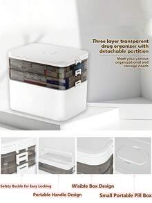 Caja de almacenamiento de plástico multicapa - 1/2/3/4/5 capas - Caja organizadora transparente con asas - Durable y fácil de limpiar - Adecuada para medicamentos, artículos de baño, herramientas de costura, artículos de oficina o estudiante - También aplicable para viajes - Blanco - Ver 8