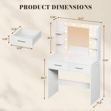 Devoko Makeup Vanity Desk With Mirror And Lights Power Outlet, Vanity Table Makeup Desk 2 Drawers, 6 Storage Shelves Hairdryer Holder Dressing Table For Bedroom - White - View 3