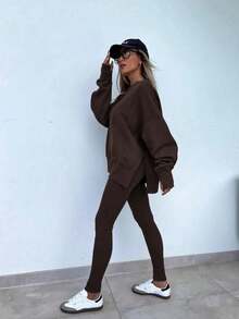 2 Piece Women's Loungewear Set, Oversized Crew Neck Top And Slim Fit Bottoms, Comfortable Spring Outfit For Daily Wear - Brown - View 3