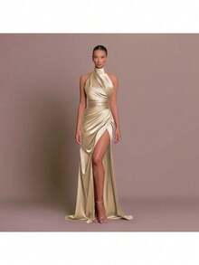 Evening Dress Dress, Temperament Split Neck Sleeveless Party Pleated Dress - 黑色 - 查看 4