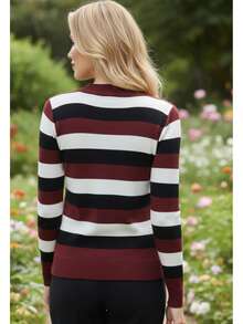 Women's Striped Sweater Top | Women's Long Sleeve Striped Top | Striped V-Neck Top - 馬薩拉黑葡萄酒 - 查看 3