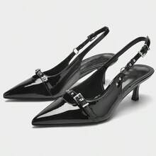 Sandalias de tacón alto con punta abierta y una sola hebilla para mujer, a la última moda, zapatos de tacón alto elegantes de inspiración francesa para mujer. - Negro - Ver 2