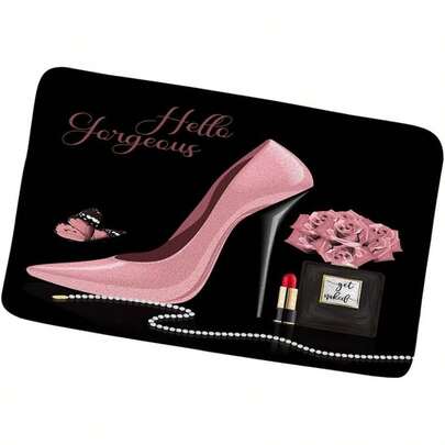 Flower Butterfly Bath Mat Hello Gorgeous Fashion Girl Black Perfume Bottle Lipstick Pink High Heel Rose Floral Romantic Lover Girls Bathroom Rugs Shower Mat Bedroom Kitchen Carpet 16x24 Inch