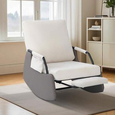 Rocking Recliner Chair for Adults, Modern Upholstered Plush Seating Glider Recliner Chair with Side Pocket, Three Levels of Adjustment, Modern Nursery Accent Sofa Chairs, White