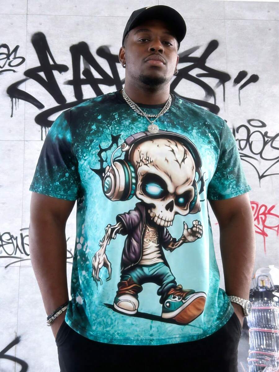 大码男士骷髅头戴耳机图案短袖 T 恤，透气时尚 - 彩色 - 查看 1