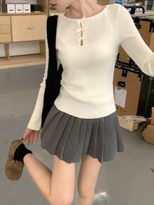 Crew Neck Hollow Bowknot Design Fleece Knit Sweater - Apricot - View 2