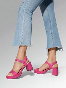 Women Comfortable Chunky Low Heeled Sandals Open Toe Buckle Decor Ankle Strap Heeled Sandals For Daily Wearing Wedding Party Prom - 玫紅色 - 查看 2