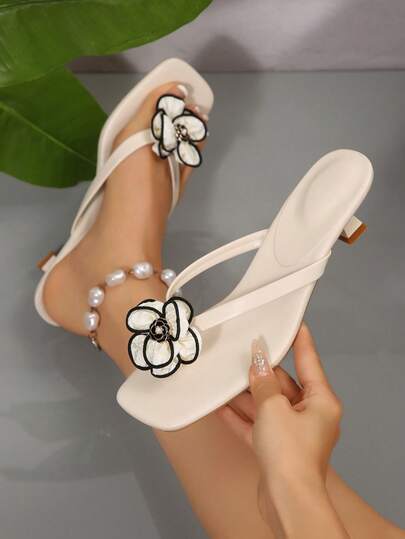 2026 New Arrival Teenage Girls' Minimalist Casual Slim High Heel Sandals, Black Trim White Faux Pearl Style Lace Floral Decor, High Heel Slide Sandals