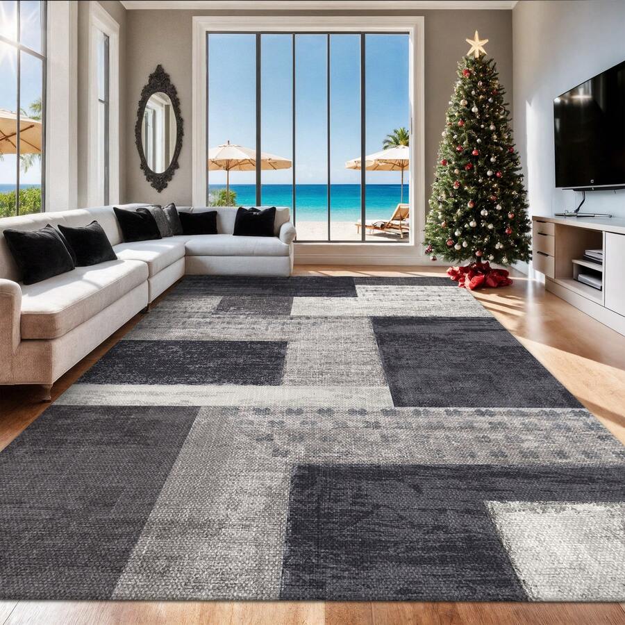 WISH TREE Washable Vintage Geometry Area Rugs For Living Room, Neutral Boho Printed Floral Extra Large Area Rug,Soft Indoor Low Pile Non Slip Rug For Kitchen Laundry Room Playroom Home Decor Aesthetic - 黑白 - 查看 1