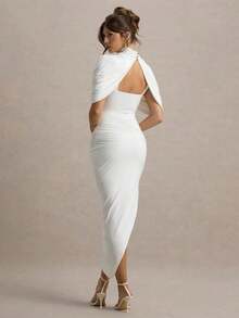 Ruched Bodycon Midi Dress Women's Backless Shawl Sleeve Elegant Party Gown - 白色 - 查看 3