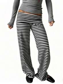 Women Y2k Striped Fold Over Pants Low Rise Yoga Pants Lounge Bottoms Color Block Wide Leg Flare Leggings Sweatpants - 黑與白 - 查看 1