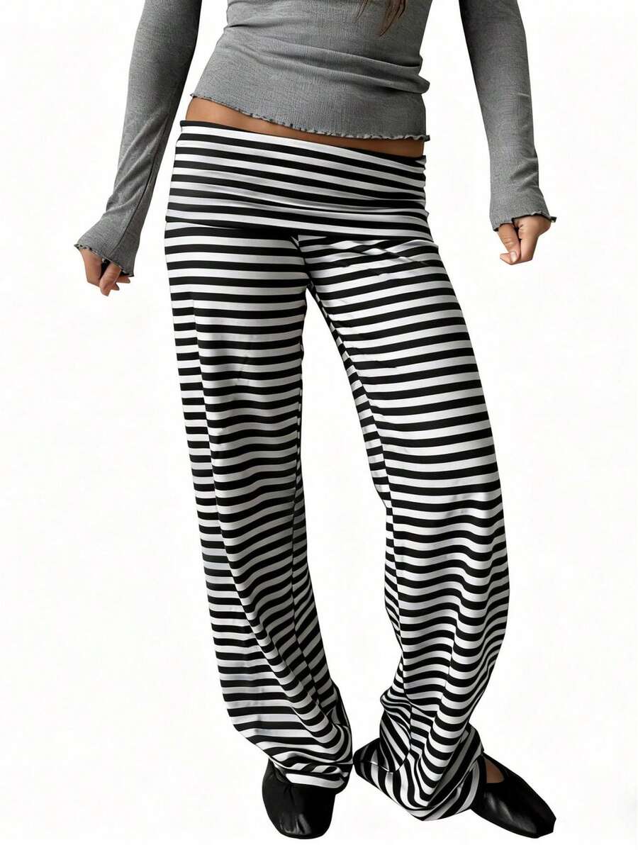 Women Y2k Striped Fold Over Pants Low Rise Yoga Pants Lounge Bottoms Color Block Wide Leg Flare Leggings Sweatpants - 黑與白 - 查看 1