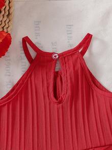 Baby Girls' Solid Color Spaghetti Strap Bowknot Ruffle Hem Top And Straight Leg Pants 2 Piece Outfit, Suitable For Daily Outings In Spring/Summer - Red - View 6