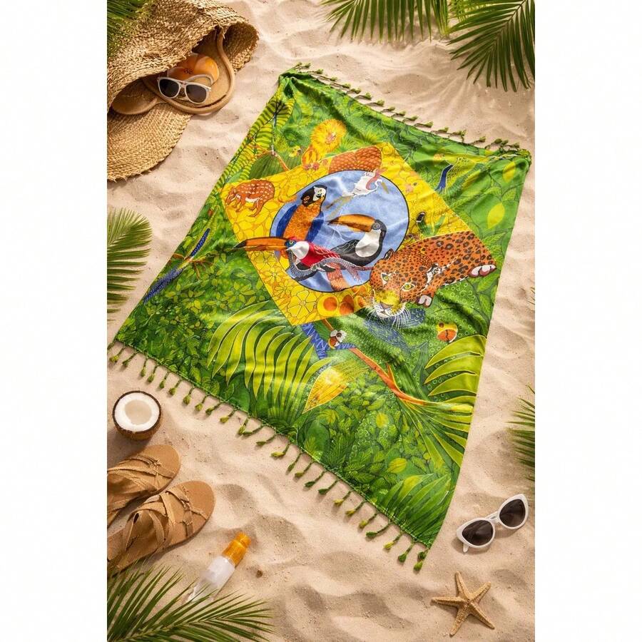 Brazilian Flag Beach Towel Bali Beach Fringe Pool Club Giant Fauna - 綠色 - 查看 1