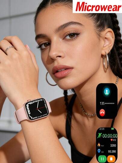 Microwear 女士智能手表，适用于 Android 手机/iPhone 的健身追踪器智能手表，2.06 英寸 TFT 屏幕手表，带血压监测器、来电和消息提醒/心率/睡眠/女性周期...