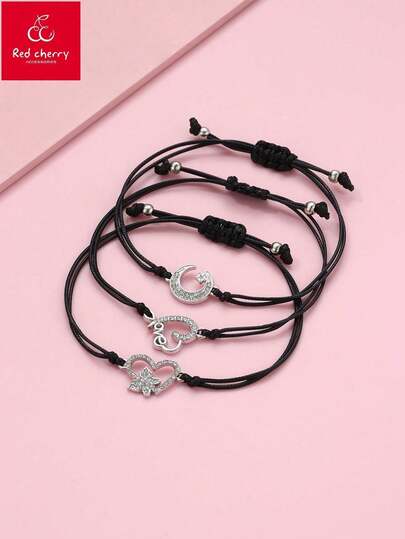 3pcs/Set Sun, Moon & Star Design Zinc Alloy Rhinestone Inlaid Black Polyester Wax Cord Braided Adjustable Bracelet Set, Suitable For Casual Daily Wear