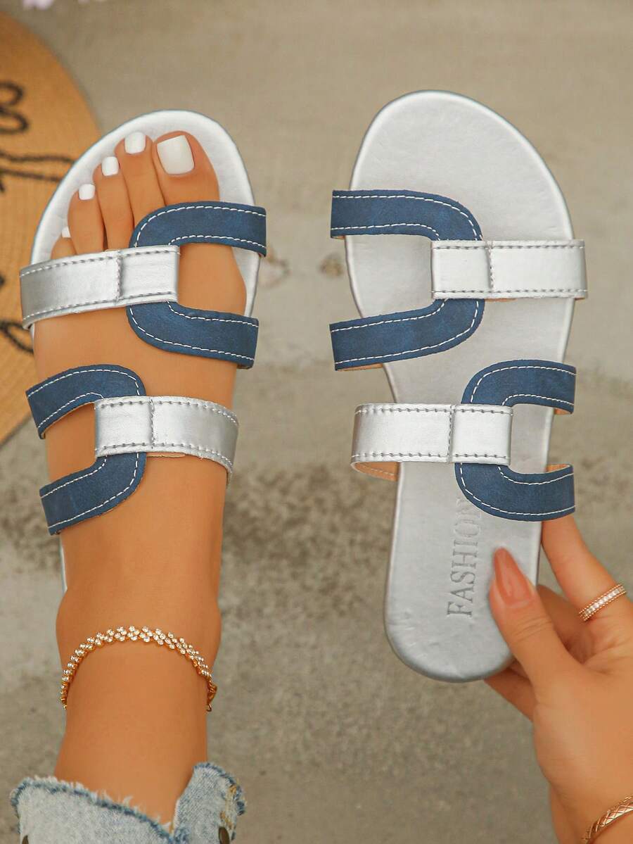 Sandalias planas de mujer de talla grande 35-45, de puntera redonda, para uso diario en verano, de ante azul y PU plateado, ligeras y de fácil deslizamiento - Acabado azul mate con PU plateado. - Ver 1