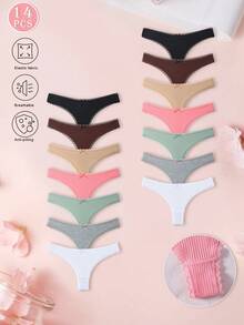 14 Pcs Sexy Multicolor Cotton Ribbon Women's Pants,Lace Decoration,Lace Splice Women's Underwear,Low Waist Sexy Women's Ties,Simple And Comfortable T Pants For Women Solid Color Bikini Pants - 彩色 - 查看 2