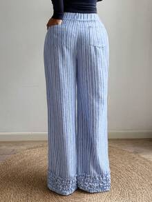 GLOpass Women's Casual Striped Pants, Ruffle Hem Design With Elastic Waist, Straight Leg, Suitable For Daily, Office, Travel - Blue - View 6