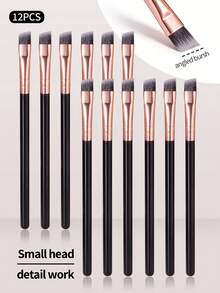 12支装精细斜角眼线刷、眉刷、镰刀形细扁斜角化妆刷、美妆工具、眉刷、眼影刷、螺旋刷、螺旋刷 - 黑色 - 查看 9