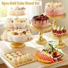 8-Piece Dessert Table Display Set: Romantic Golden Round Cake Stand & Cupcake Tower For Birthday Parties, Weddings & Baby Showers, Dessert Table Display Set,Food Display Stands,Home Decor - Vàng - Xem 7