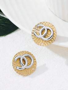 1 قطعة أقراط دائرية ذهبية معدنية مزدوجة الشكل الحرفي O، مجوهرات فاخرة هندسية للحفلات - أبيض - مشاهدة 10