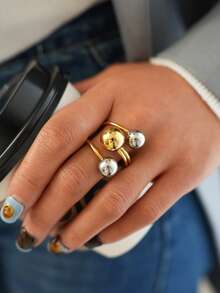 Frminee 1pc Simple Design Punk Hip Hop Style Gold Stainless Steel Exaggerated Ball Gold Silver Personalized Opening Ring - Steel Balls - View 2