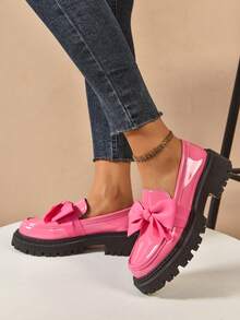 New Women's Loafers Thick Sole Spring/Autumn Fashion Versatile PU Outdoor Wear Black Bow Round Toe Slip-On Shoes - Pink - View 4