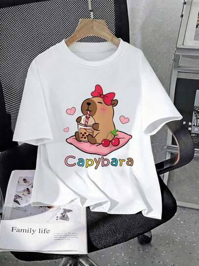 Cute Cartoon Capybara Print, Adorable Bow Anime Print, Girls Casual Short Sleeve T-Shirt, Suitable For Summer Wear
