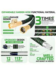 LOVFEN 100FT Stretchable Garden Hose, Lightweight Kink-Free Flexible Water Pipe With 10-Pattern Spray Nozzle, Leak-Proof, 3/4" Swivel Connectors, Super Durable Fabric, Portable Storage Strap – Ideal For Gardening, Patio, Yard, And Outdoor Watering - Màu xanh lá - Xem 2