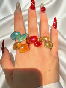 4件套 时尚奢华闪亮独特精致创意轻盈优雅百搭几何半透明彩色树脂戒指，适合女性日常佩戴、节日和派对场合 - 彩色 - 查看 3