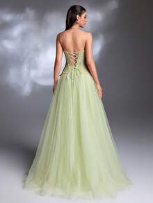 A Light Green Sequin Lace Strapless Lace-Up Tulle Maxi Skirt Court-Style Luxury Evening Gown - Grass Green - View 2