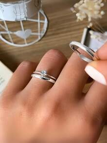 Pair Of 3mm Thin Silver Engagement Rings + Solitaire Zirconia Ring, Shiny Silver Commitment Ring, Hypoallergenic, 925 Sterling Silver, Wedding Ring, 316L Stainless Steel - 銀色 - 查看 3