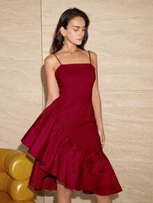 Women's Elegant Solid Color Patchwork Ruffle Hem Backless Dress, Valentine's Day Outfit, Spring And Summer, New Year Red Dress Party Wedding - Red - View 6