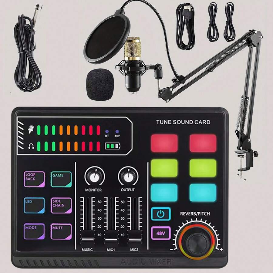 BM800 Condenser Microphone + P100 Sound Card Kit With Is Suitable For Computer Recording, Game Voice Communication, High-Quality Sampling, Home Use - P100 SET - View 1