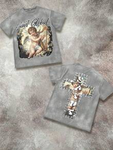 T - Shirt Combining Faith And Fashion: Cherub Print T - Shirt Printed T - Shirt, 230g Washed Care Label T - Shirt, Unisex Acid - Washed Cotton Printed T - Shirt, Vintage Washed T - Shirt, Crew - Neck T - Shirt, Machine - Washable, Casual Summer Outfit, Men's Loose - Fit T - Shirt - 水洗灰1 - 查看 1