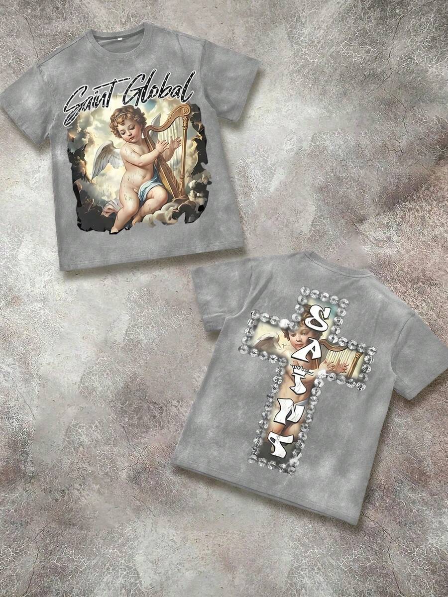 T - Shirt Combining Faith And Fashion: Cherub Print T - Shirt Printed T - Shirt, 230g Washed Care Label T - Shirt, Unisex Acid - Washed Cotton Printed T - Shirt, Vintage Washed T - Shirt, Crew - Neck T - Shirt, Machine - Washable, Casual Summer Outfit, Men's Loose - Fit T - Shirt - 水洗灰1 - 查看 1