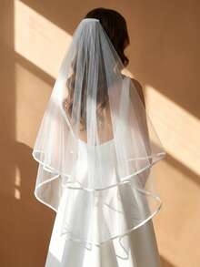 1pc Double-Layer Satin Edged Bridal Veil, Fingertip & Cathedral Length, Suitable For Wedding, Beach Wedding Photography, Storefront Display, With Hair Comb, Summer - Milky White - View 8
