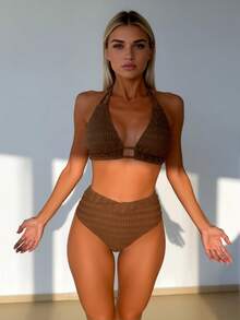 2026 European And American Spring/Summer New Arrivals: Sexy Solid Color Two-Piece Bikini With Metal Buckle At The Chest, Hot Girl Style, Beach Pool Swimsuit Party Swimsuit Set - 棕色 - 查看 9