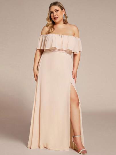 Plus Size Elegant Off-Shoulder High Slit Champagne Bridesmaid Dress, Suitable For Wedding Guest, Birthday, Holiday
