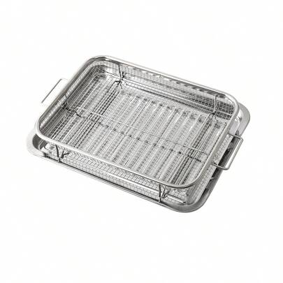 2件套不锈钢烤箱空气炸锅篮，12.8英寸x9.6英寸保鲜盒托盘，烧烤金属烤盘，厨房用品及配件
