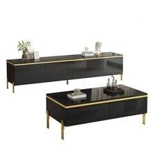 Modern Luxury TV Stand And Coffee Table Set, Glossy Smooth Surface, Gold Edges, Ample Storage Space - Black - View 7